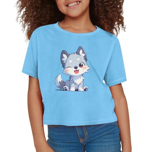 OZELANSAY Wolf Print Girls Crop Top Blue Kawaii Beach T-Shirt Lightweight Breathable Fabric for Summer Vacations Sports Age 5-6 Cute Casual Wear