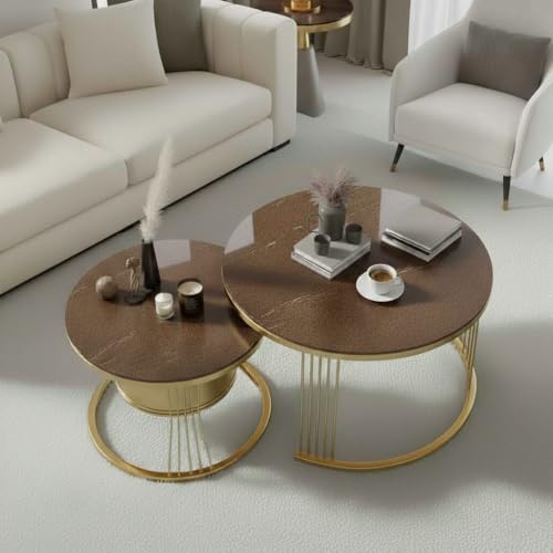 Image of Round Coffee Table Set of 2 for Living Room Wooden Top with Gold Metal Frame Modern Nesting Center Table for Sofa Area Home & Office Furniture (Golden Brown)
