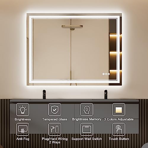 48 x 40 Inch LED Bathroom Mirror with Lights, Backlit and Front Lighted Bathroom Mirrors for Wall, Anti-Fog Dimmable Memory Shatterproof LED Vanity Mirror for Bathroom