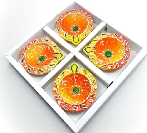 Image of Frizka Diwali Mumbai Famous Koliwada Decorative Assorted Diya Design Set of 4 Handmade Decorative Diyas Premium Design Box Packing 3.5 inch