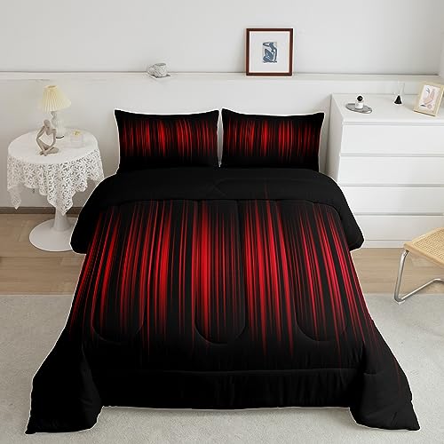 Image of Feelyou Red and Black Ombre Bedding Set Queen, Geometric Abstract Ombre Comforter Red and Black Striped Comforter Set for Kids Boys Girls Stripes Duvet Set Microfiber Quilt Set