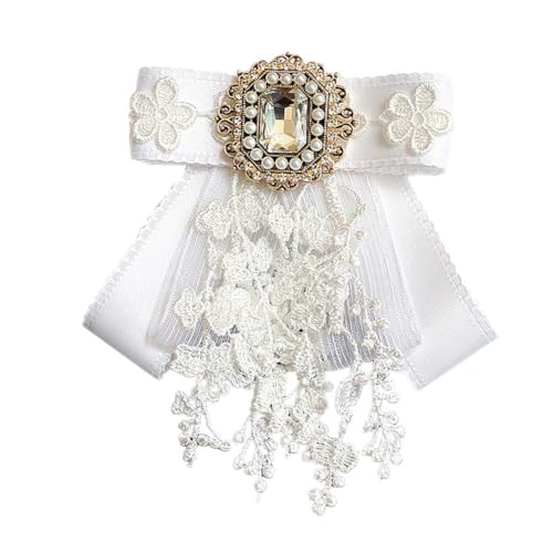 Image of Lace Ribbon Bow Tie Brooch Rhinestone Pearl Necktie for Girl Women Fashion jabot collar brooch pins Pre-Tied Corsage