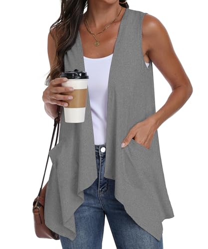 PrinStory Sleeveless Cardigans for Women Summer Lightweight Casual Open Front Irregular Hem Long Vest with Pockets Dark Gray XL