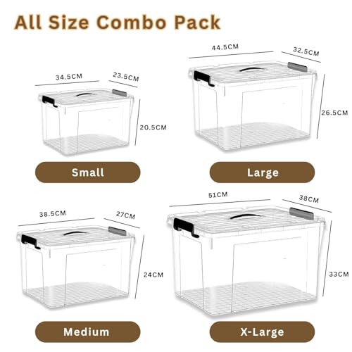 Image of Ash & Roh Plastic Storage Box /Bin /Container with Locking Lid - Sturdy and Versatile Home Organizer, Available in Multiple Size. (1, HEAVY TRANSPARENT, COMBO SET)