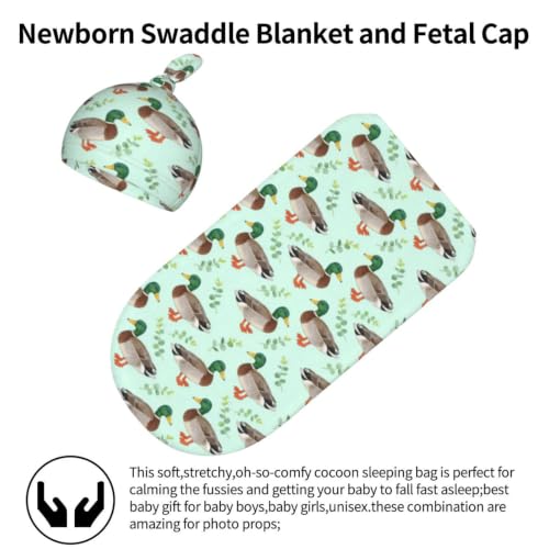 Image of Mallard Duck Baby Stuff Swaddle Blanket with Hat, Newborn Blanket Set