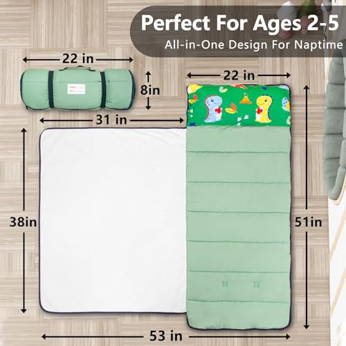 Image of Primlect Toddler Nap Mat, Portable Rolled Sleeping Mat | 51 inchx31 All-in-One Sleeping Bag with Removable Pillow and Soft Blanket, Machine Washable, for Daycare Travel, for Boys Girls
