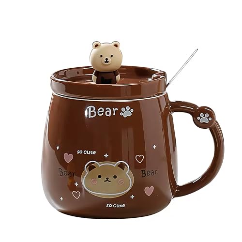 Image of BonZeal Aesthetic Brown Teddy Bear Mug with Lid & Spoon (380 ML) | Ceramic Coffee Mug | Unique Birthday Gift, Return Birthday Gift, Rakhi Gift for Brother | Panda Mug Style Mugs for Coffee