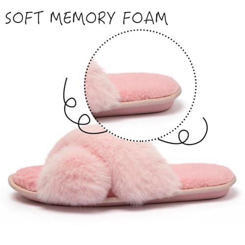 katliu Women's Cross Band Furry Slippers Cozy Plush House Slippers Open Toe Soft Fuzzy Slippers Memory Foam Indoor Slippers2