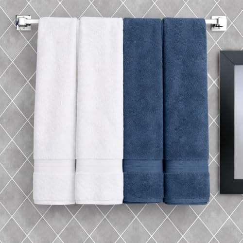 Image of Arvind 100% Cotton Towels for Bath | Towels for Bath Large Size | 500 GSM Bath Towel - Soft & Absorbent | 4 Piece Bath Towel for Men /Women | Urban Comfort | 70 cm x 140 cm - Dark Blue & White