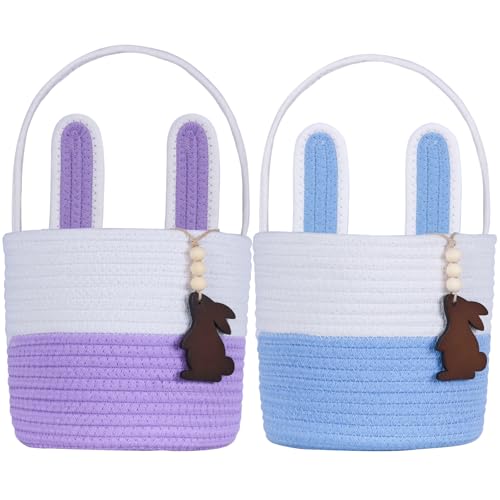 Image of Easter Basket Empty 2 PCS Bunny Woven Rope Easter Baskets for Kids Teens Easter Hunt Baskets with Handle Bags Easter Gifts for Kids Toddlers Girls Boys Teens Set of 2 Blue and Purple