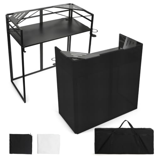 DJ Facade Booth with Table 40"x20" Foldable Heavy-Duty Steel DJ Booth Stand, Adjustable Height 33.5"/39.5", Holds 230 lbs, Black & White Scrims + Carry Bag for Wedding, Party, Club