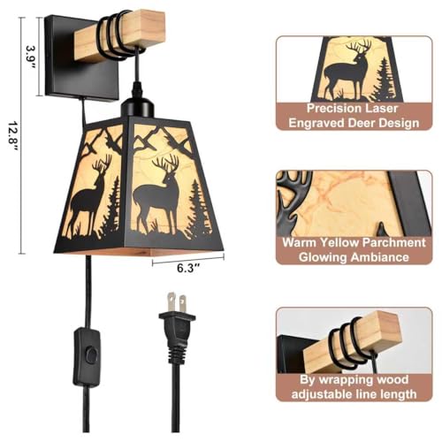 Image of Plug in Wall Sconce,Deer Matte Metal Rustic Wall Sconces,Black Wall Lights,Farmhouse Parchment Paper Shades Wall Sconce Set of Two,Wall Lamps for Bedside,Living Room,Bedroom,Hallway,Bathroom