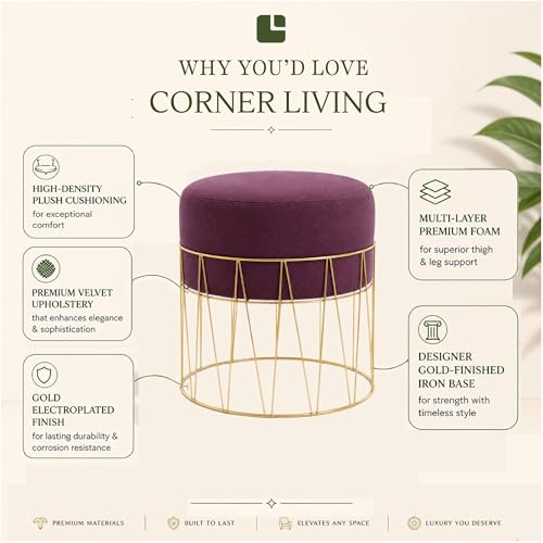 Image of Premium Set of 2 Gold Metal Ottoman Pouffe Stool & Footrest for Living Room & Bedroom | Wine Soft & Classy Mosha Fabric with Linear Frame | 18 inch Height | Luxury Multipurpose Furniture & Home Decor