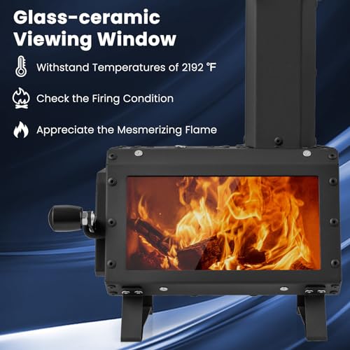 Giantex Portable Camping Wood Stove, Mini Wood Burning Stove w/ 2 Cooking Positions, Anti-scalding Door Handle, Glass Window, Tabletop Fire Pit for Outdoor Cooking Heating,11" x 8" x 14.5"