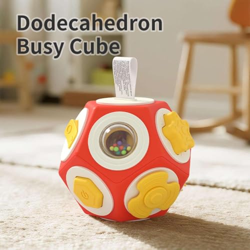 Image of 12-in-1 Plastic Busy Cube Toy for Toddlers - Educational Sensory Activity Ball with Rattle, Buttons, Gears & Mirror - Montessori Fine Motor Skills Travel Toy for Babies 0-3 Years (Red Cube)