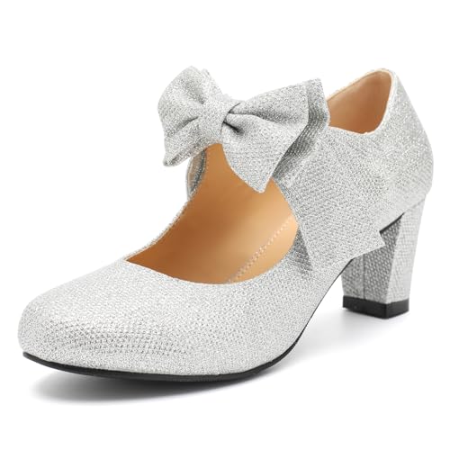 Women's Bow Heels Mary Jane Block Chunky Heel Pumps Round Toe Comfortable Low Heels Wedding Evening Party Dress Shoes