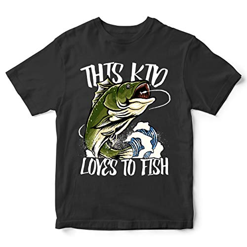 Purple Print House Boys This Kid Loves to Fish T Shirt - Funny Fishing Gift Idea for Son - Joke Present, 12-13 Years, Black