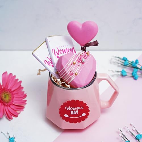Image of Velvet Fine Chocolates Gift Hamper Loving Womens day mug 2 chocolate bars,1 heart shape hot chocolate pinata, 1 heart shape lollipop inch