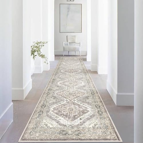 KUTA Oriental Medallion Washable Runner Rug 2.6x14 Ivory Grey Yellow, Non-Slip Hallway Kitchen Rugs with Rubber Backing, Ultra Soft Printed Distressed Farmhouse Long 14ft Runners for Bedroom