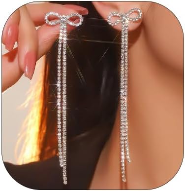 Crystal Bow Knot Long Tassel Dangle Earrings for Women Sparkly Rhinestone Bowknot Chandelier Drop Earring Wedding Bridal Earring Party Prom Accessories