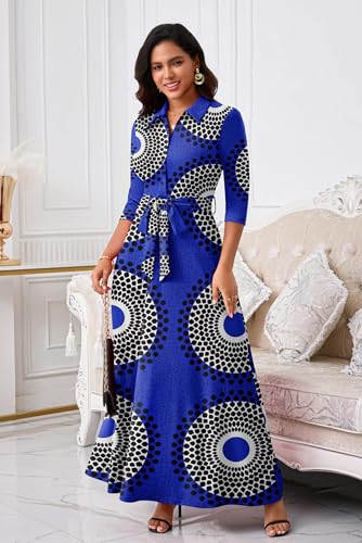 Image of Rumwind Maxi Dresses for Women, 3 /4 Sleeve Shirt Collar Casual Afircan Print Church Dress Button Down with Belt and Pockets