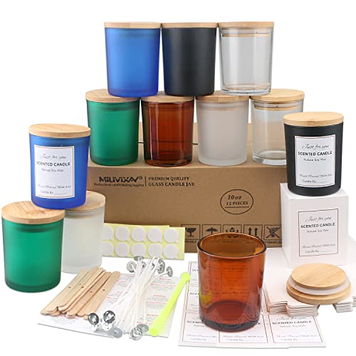 MILIVIXAY - Confezione da 12 barattoli per candele, in vetro multicolore, 295 ml, con coperchio e kit per la creazione di candele, vuoti, contenitori per spezie e polveri