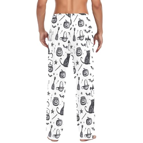 Men's Halloween Cat Pajama Pants with Pockets - Straight Fit Cotton Sleep Bottoms for Lounge & Nightwear#973