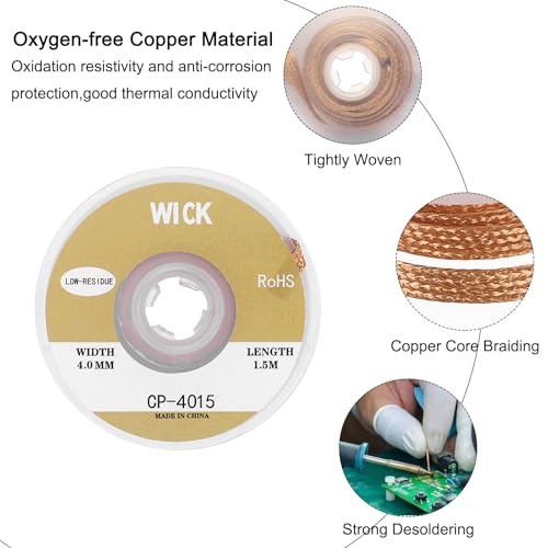 Image of MECCANIXITY Solder Wick Braid No-Clean Desoldering Wick Braid 0.16 Inch Width 5 Feet Length for Remove the Solder Electrical Components 3 Pack