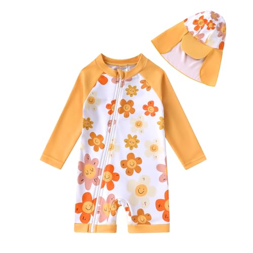 Image of Toddler Baby Girls Swimsuit One-Piece Zipper Swimwear UPF 50+ Sun Protection Bathing Suit with Hat