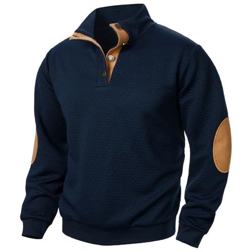 Camiseta Hombres Suéter Cuello soporte Color sólido Estilo botón Mangas largas cuadrados suéter respirable W-020 Navy XX-Large