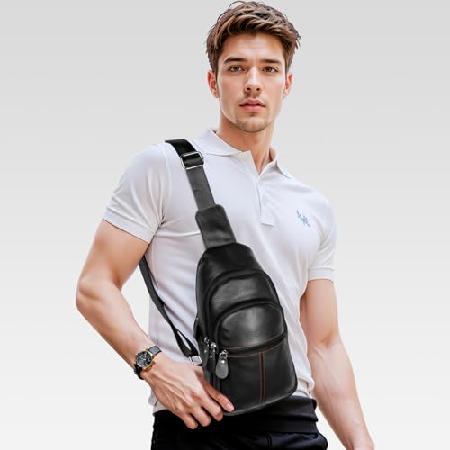 molshine Genuine Leather Sling Crossbody Bag,Fashion Chest,Casual Shoulder Bag for Men Women Work Travel Cycling HB0242