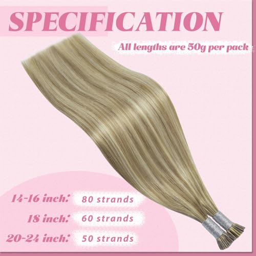 Image of YoungSee I Tip Hair Extensions Brown, I Tip Extensions, Light Brown Highlights Blonde, Itip Human Hair Extension, 50g 65 Strands 16 Inch, Invisible Itip Hair Extension, Straight Hair, for Women
