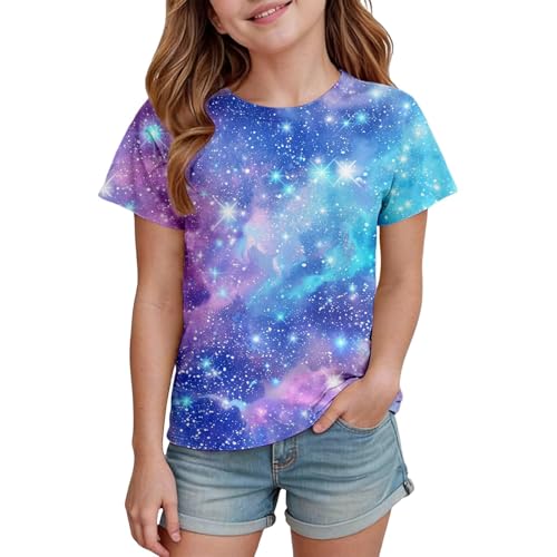 Image of Girls Tops Girls Star Print Short Sleeve Casual Crew Neck Shirt Everyday, darkblue, 12-13 Years