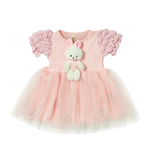 Image of Bold N Elegant Girl's Sequin Glitter Party Princess Sparkle Tutu Mini Dress Frock With Soft Plush Bunny Rabbit Toy For Infant Toddler Baby Girl's