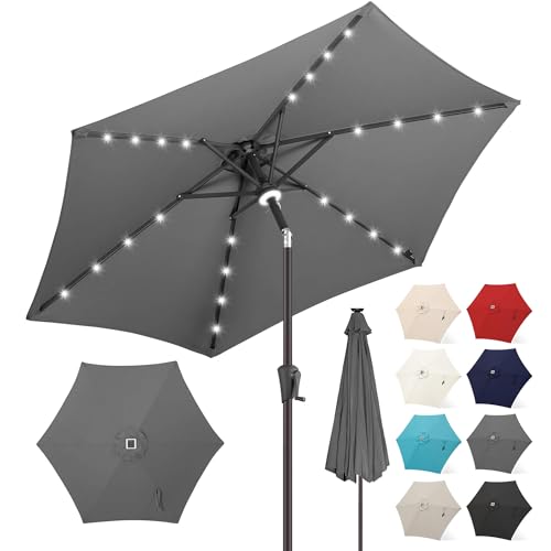 FLAME&SHADE 7.5 FT Solar Light Patio Umbrella, 24 LED Lights Outdoor Umbrella with Centre Surround...