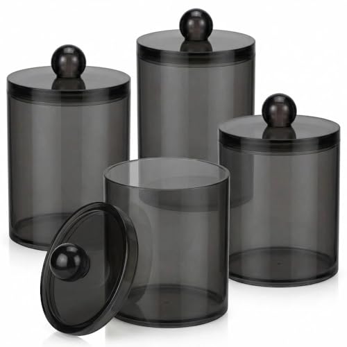 Pacote com 4 organizadores de cotonete de algodão, frascos de boticário pretos transparentes de 293 ml com tampas para bolas de algodão e redondos, conjunto de recipientes de armazenamento resistentes