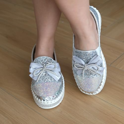 Image of Women's Fashion Rhinestone Slip On Sneakers Casual Comfort Platform Walking Shoes Cute Bowknot Glitter Bling Loafers