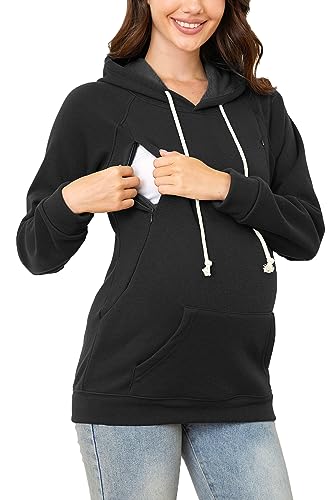 Image of PARNIXS Winter Women's Thicken Maternity Clothes Nursing Sweatshirt Breastfeeding Hoodie with Pockets（Padded ）