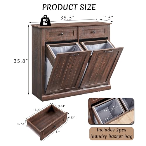 Image of IFBUY Double Tilt Out Laundry Hamper Cabinet, Trash Cabinet, Brown