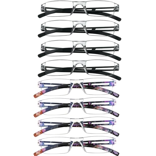 Image of YEIN Reading Glasses 8 Pairs Blue Ligth Blocking Reading Glasses for Men and Women Fashion Square Frame Readers (4 Black+4 Floral,+4.00)