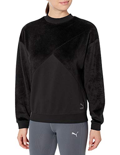 PUMA Women's Fabric Block Crew Neck Sweatshirt, Black, L