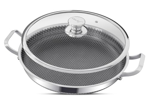 INTIGNIS Padella per paella o padella con coperchio sicuro da usare in forno - Utensile antigraffio per la cucina e per la casa per soffriggere, arrostire, grigliare - 32 cm - In alluminio inox