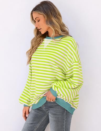 Image of UEU Women Oversized Striped Crewneck Sweatshirt Long Sleeve Color Block Pullover Tops Casual Loose Workout Shirt