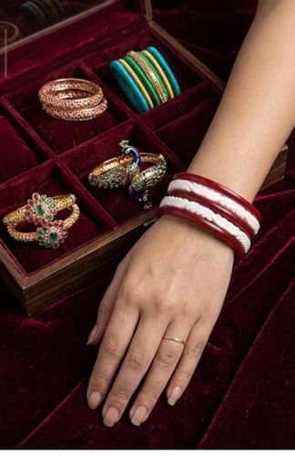 Image of HAPPYCRAFT Shell Shakha Pola Bangles for Married Women - (Pack of 4) | Traditional Bengali Shankha Pola Set in Red and White | Ethnic Bangles for Daily Puja Rituals Festivals Ceremonies