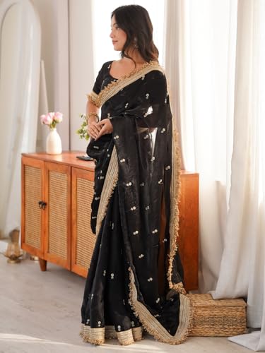 Image of AKHILAM Women's Shimmer Off White Georgette Sequence Embroidery Saree With Unstitched Blouse Piece