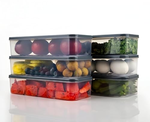 Image of Plastic Fridge Storage Containers Set, 1200ml Stackable Food Storage Boxes with Lid, Pantry & Refrigerator Organizer (Pack of 6, Grey)