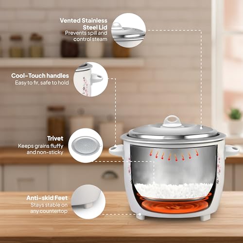 Image of CELLO Iris Electric Rice Cooker with Single Pot 600ml White | 300W Power, Removable Aluminium Non-Stick Bowl with SS Lid, Cool Touch Handle, One Touch Automatic Warm Function, For Rice, Pulao & Maggi