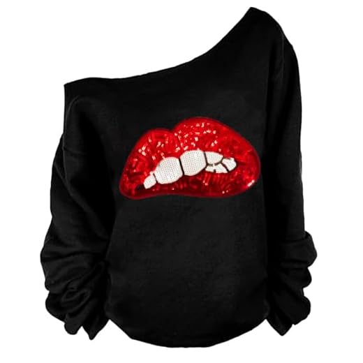 MAGICMK Woman’s Sweatershirt Lips Print Causal Blouse Off The Shoulder Long Sleeve Loose Slouchy Pullover Plus Size Tops…(M)