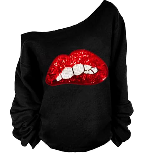 Image of MAGICMK Woman's Sweatershirt Lips Print Causal Blouse Off The Shoulder Long Sleeve Loose Slouchy Pullover Plus Size Tops