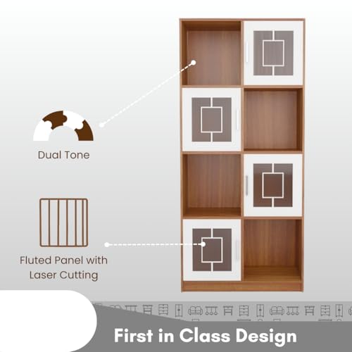 Image of Cube Polycarbonate Sheet Engineered Wood Open & Closed Bookshelf | Display Unit | Open 4 Shelves & 4 Door Cabinet Storage for Home & Office|1 Year Warranty (Finish - Leon Teak, Knock Down)